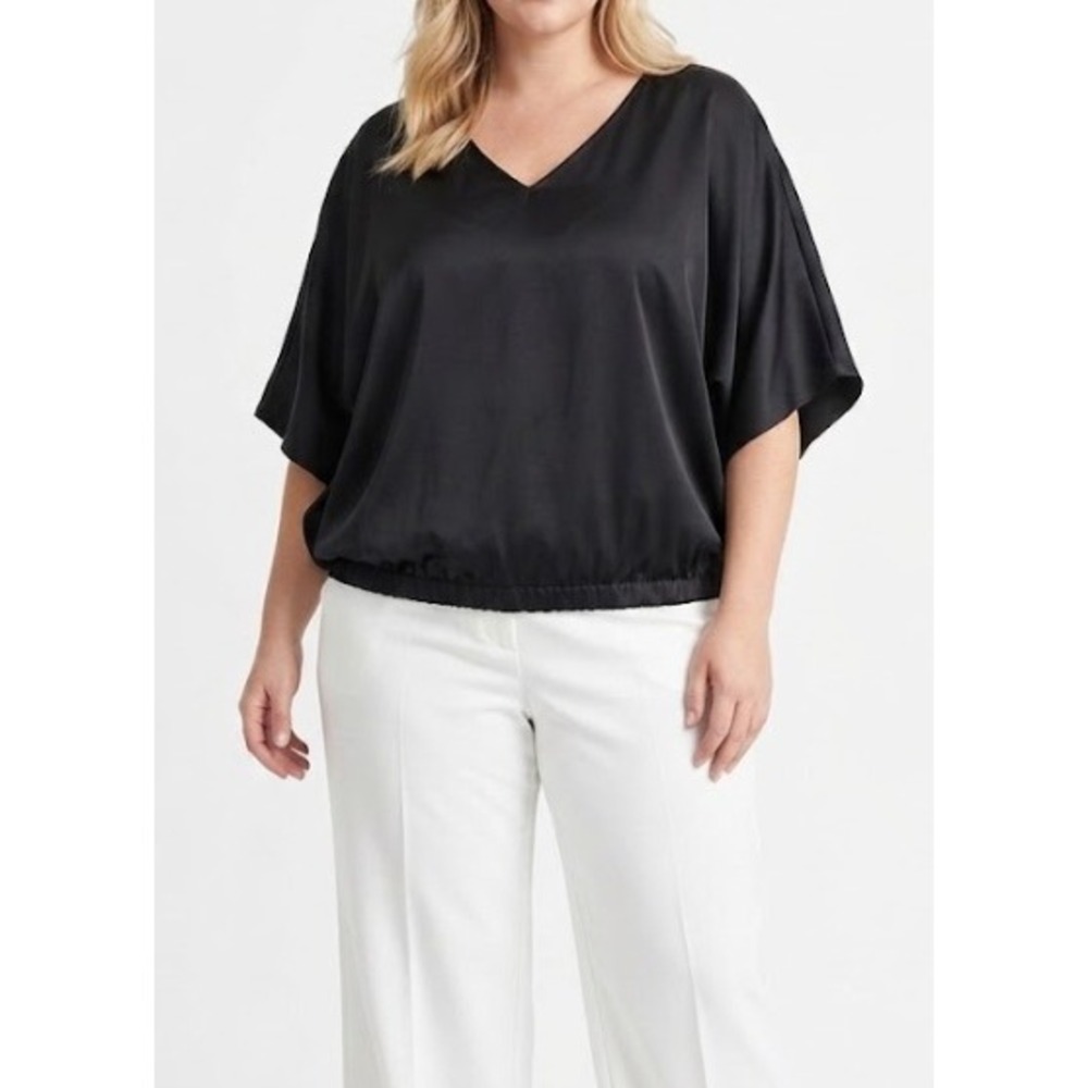 New Chico's V-neck Dolman Pullover size XL/3 Black Satin Elastic Hem Relaxed